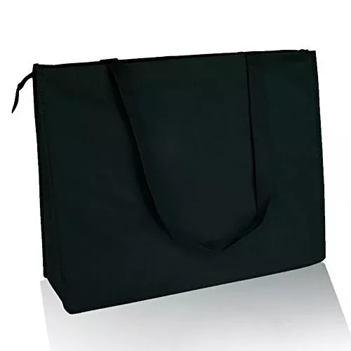 (12 Pack) Set Of 12- Reusable Non Woven Jumbo Zippered Tote Bag (Black)