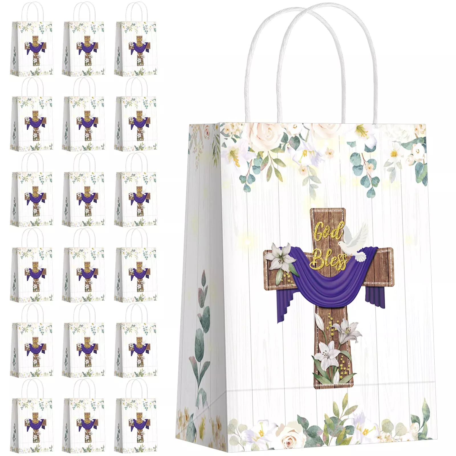 18 Pcs Baptism Gift Bags First Communion Gift Bags Religious Party Favor Bags God Bless Christianity Cross Paper Goodie Bags Bap