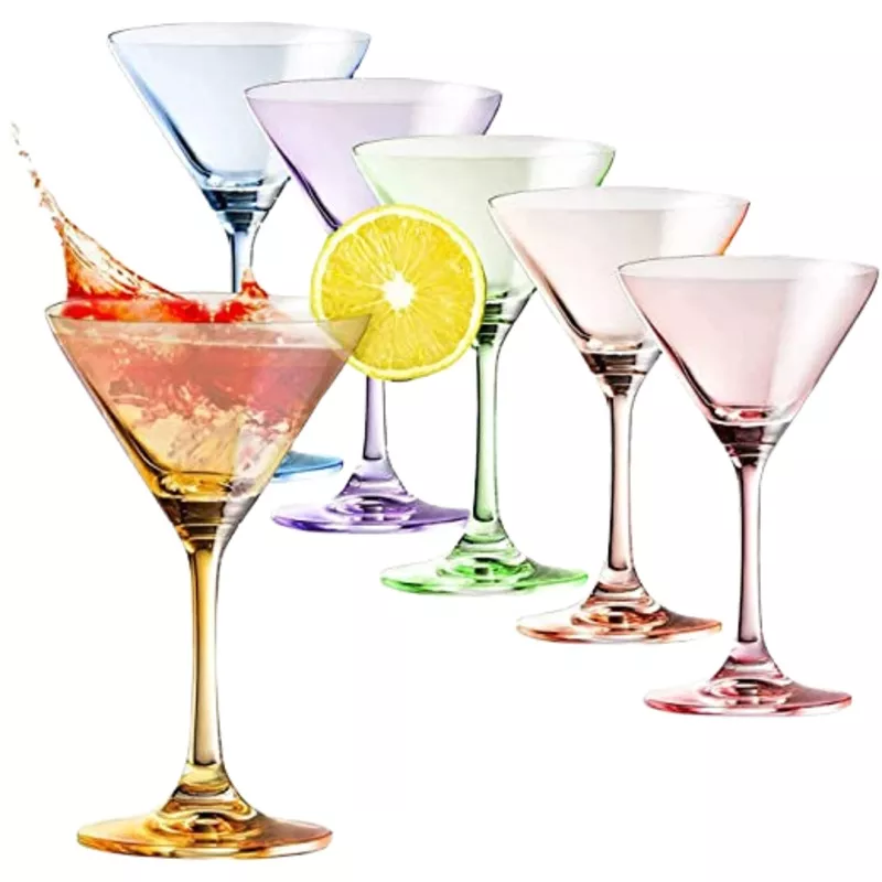 Martini Glasses Set of 6 | 8oz | Crystal Luxury Martini Glass – Elegant Colors – Premium Hand-Blown | Art Deco Cocktail Colored Coupes For Manhattan, Cosmopolitan, Sidecar, Speakeasy – Stemmed Goblets