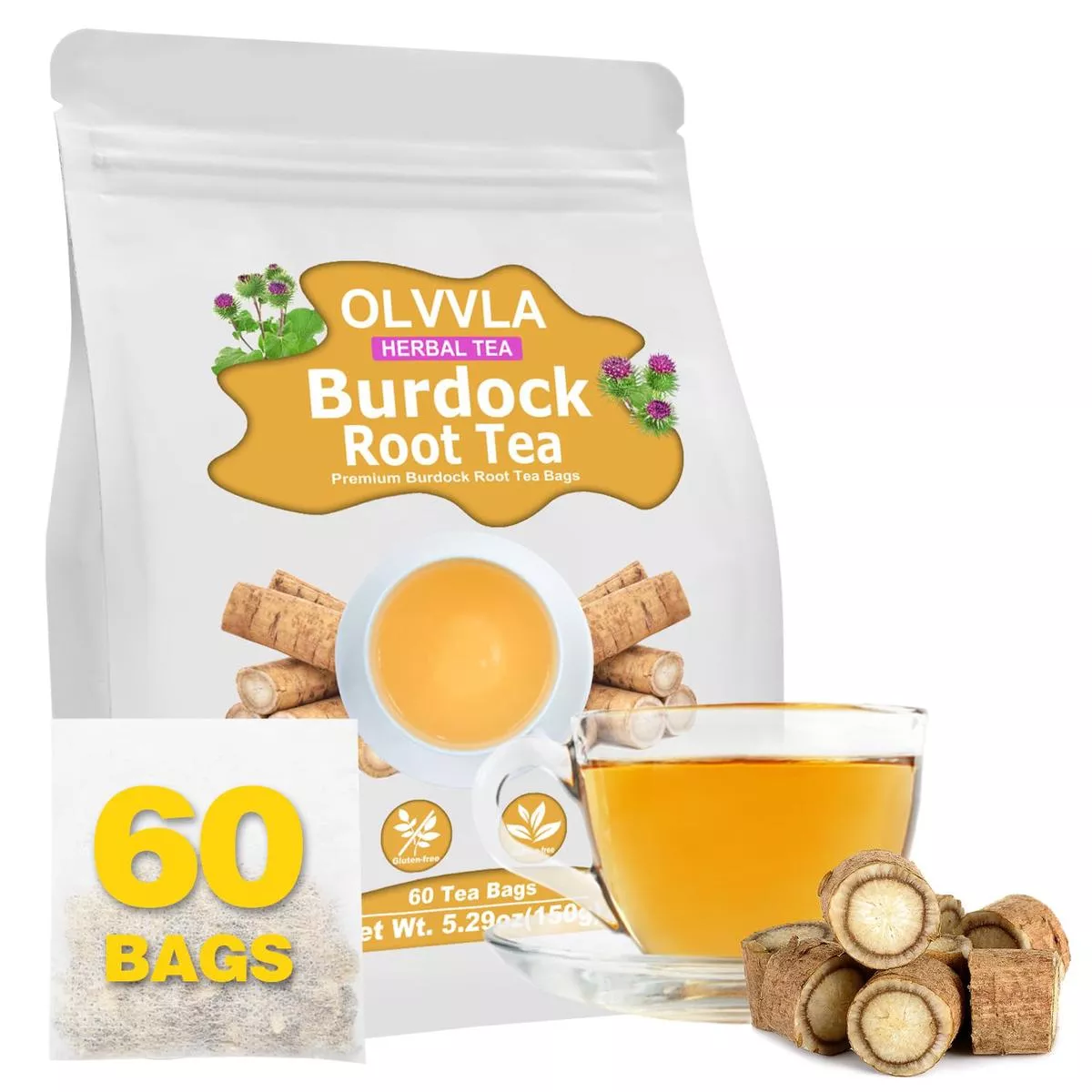 Olvvla Premium Burdock Root Tea – 60 Count – 100% Pure Herbal Tea Bags – Caffeine-Free – Digestive Support