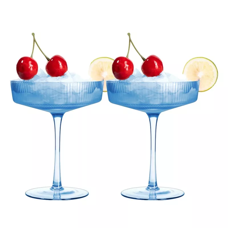 Ribbed Coupe Cocktail Glasses 8 oz | Set of 2 | Classic Manhattan Glasses For Cocktails, Champagne Coupe, Ripple Coupe Glasses, Art Deco Gatsby Vintage, Crystal with Stems (Blue, Set of 2)