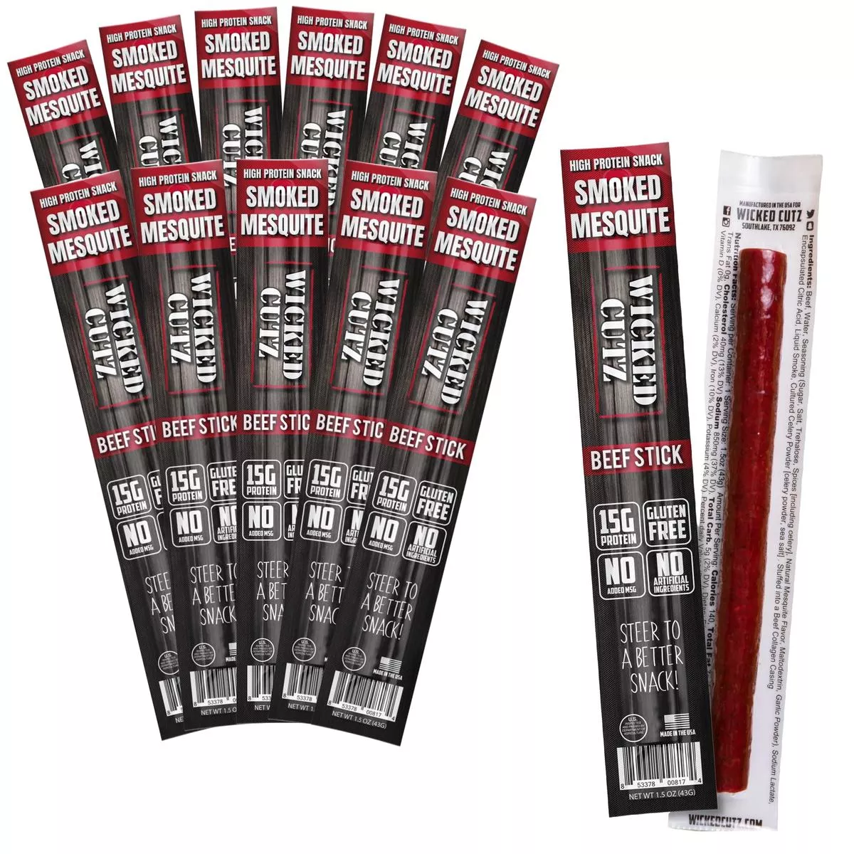 Wicked Cutz Smoked Mesquite Beef Sticks, High Protein, 15g Protein, 1.5 Ounce (Pack of 12)