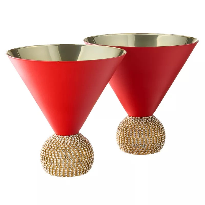 The Wine Savant Diamond Studded Martini Glasses Set of 2 Matte Red & Gold Modern Cocktail Glass, Rhinestone Diamonds With Stemless Crystal Ball Base, Bar or Party 10.5oz, Swarovski Style Crystals